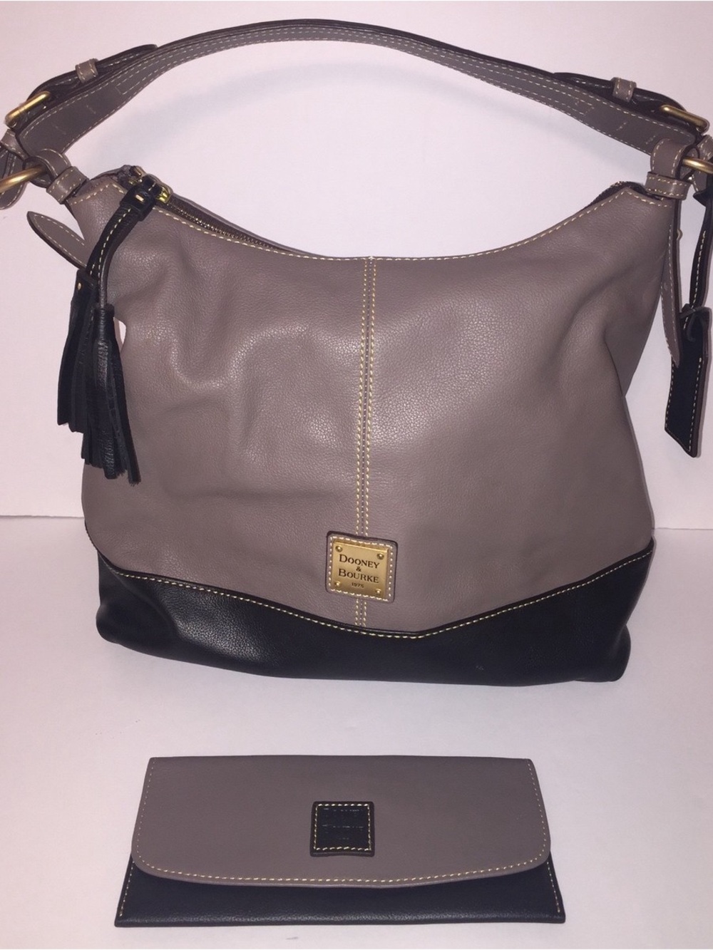 Dooney & Bourke Taupe and Black Leather Shoulder Hobo with Matching Wallet